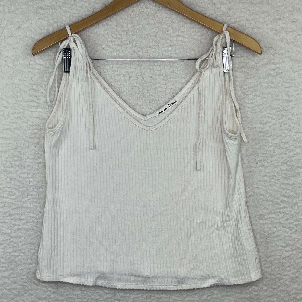 Reformation Jeans White Ribbed V-Neck Tie Shoulder Tank Top Camisole Small
